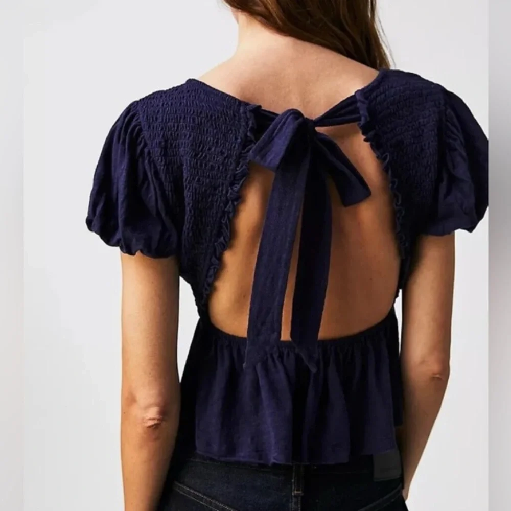 FREE PEOPLE Charolette Top – Navy Blue Smocked Puff Sleeve Blouse | Size L